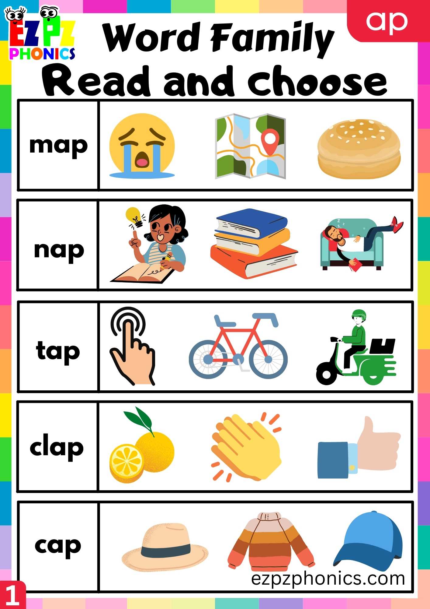 AP Words Read And Choose Phonics Word Families Worksheet